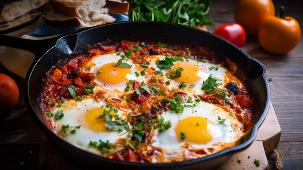  sizzling skillet of Shakshuka (Patakenjac), featuring poached eggs in a spiced tomato sauce, enriched with a touch of Croatian olive oil for an unforgettable brunch experience.