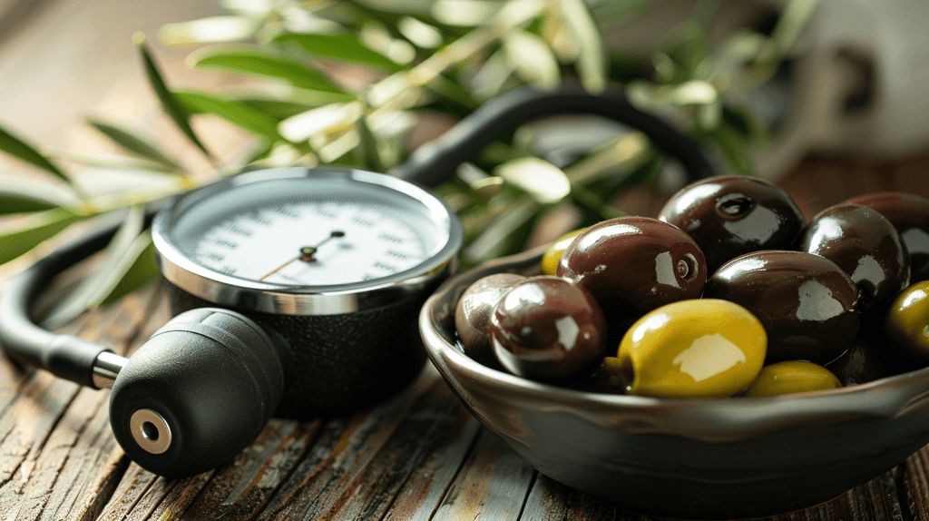 A bowl of dark and light green olives, drizzled with Selo Croatian extra virgin olive oil, next to a sphygmomanometer symbolizing the health benefits of olive oil in managing hypertension.
