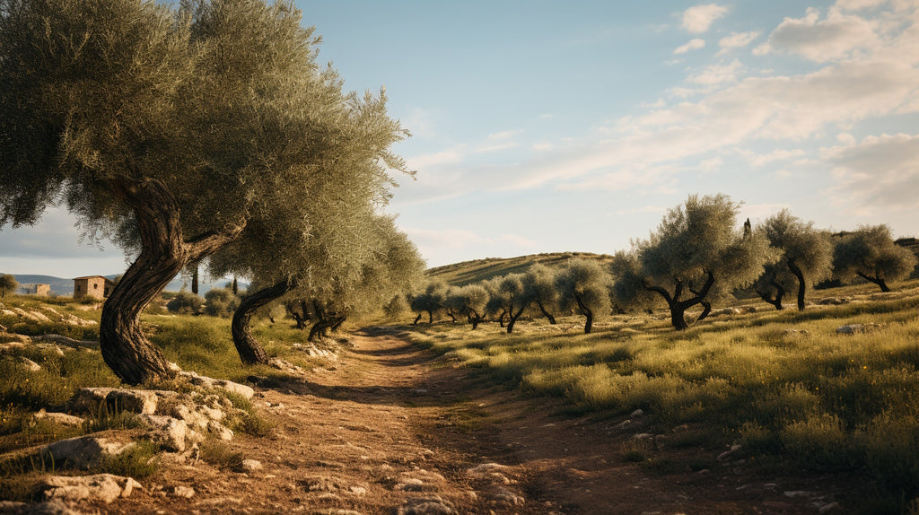 A rustic dirt road meandering through a lush Croatian olive orchard.