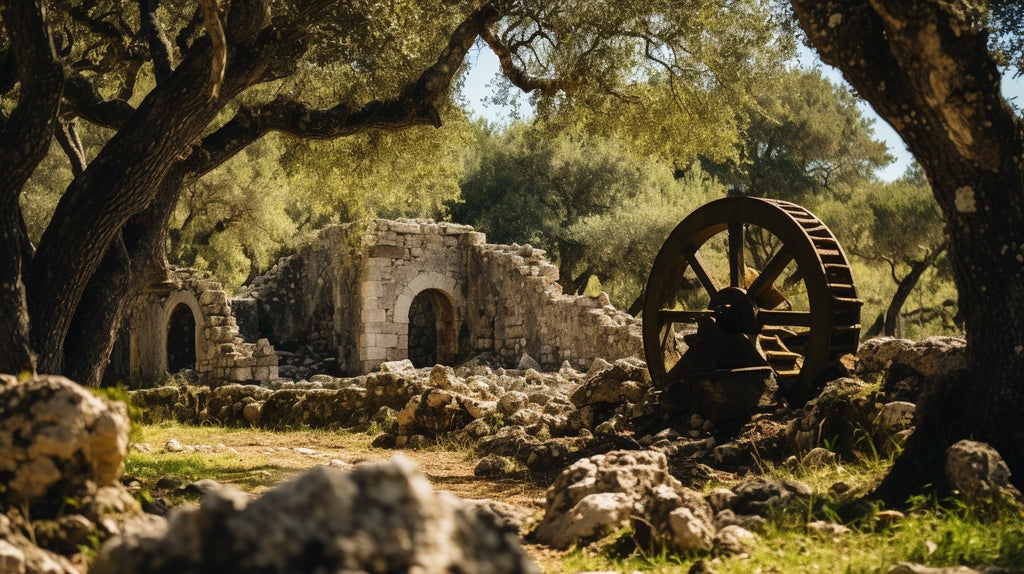 A broken olive oil mill amidst the haunting ambiance of an abandoned orchard.