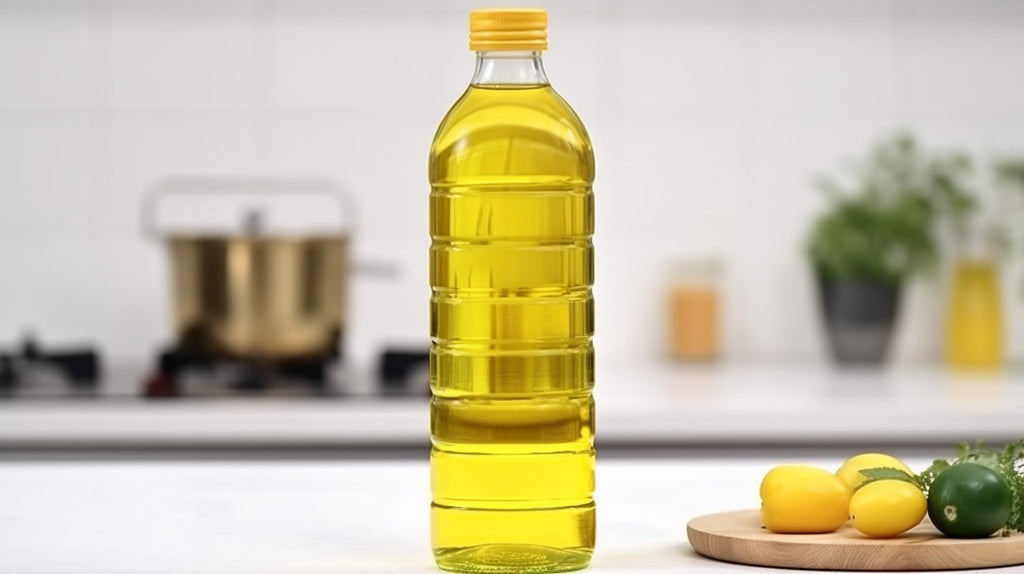 Low quality plastic bottle of olive oil