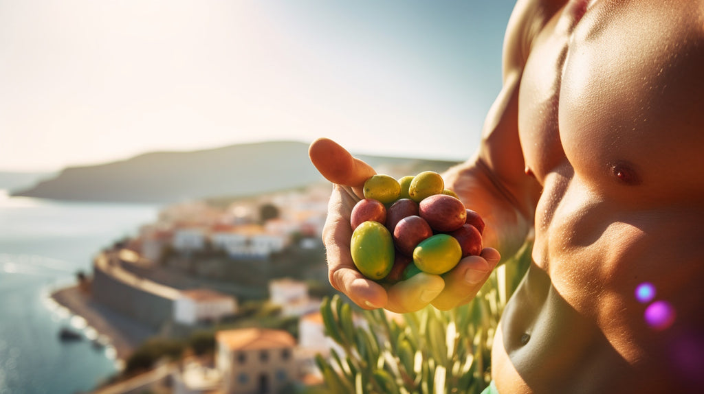 A muscular bodybuilder holding Croatian olives, overlooking the stunning Croatian coast.